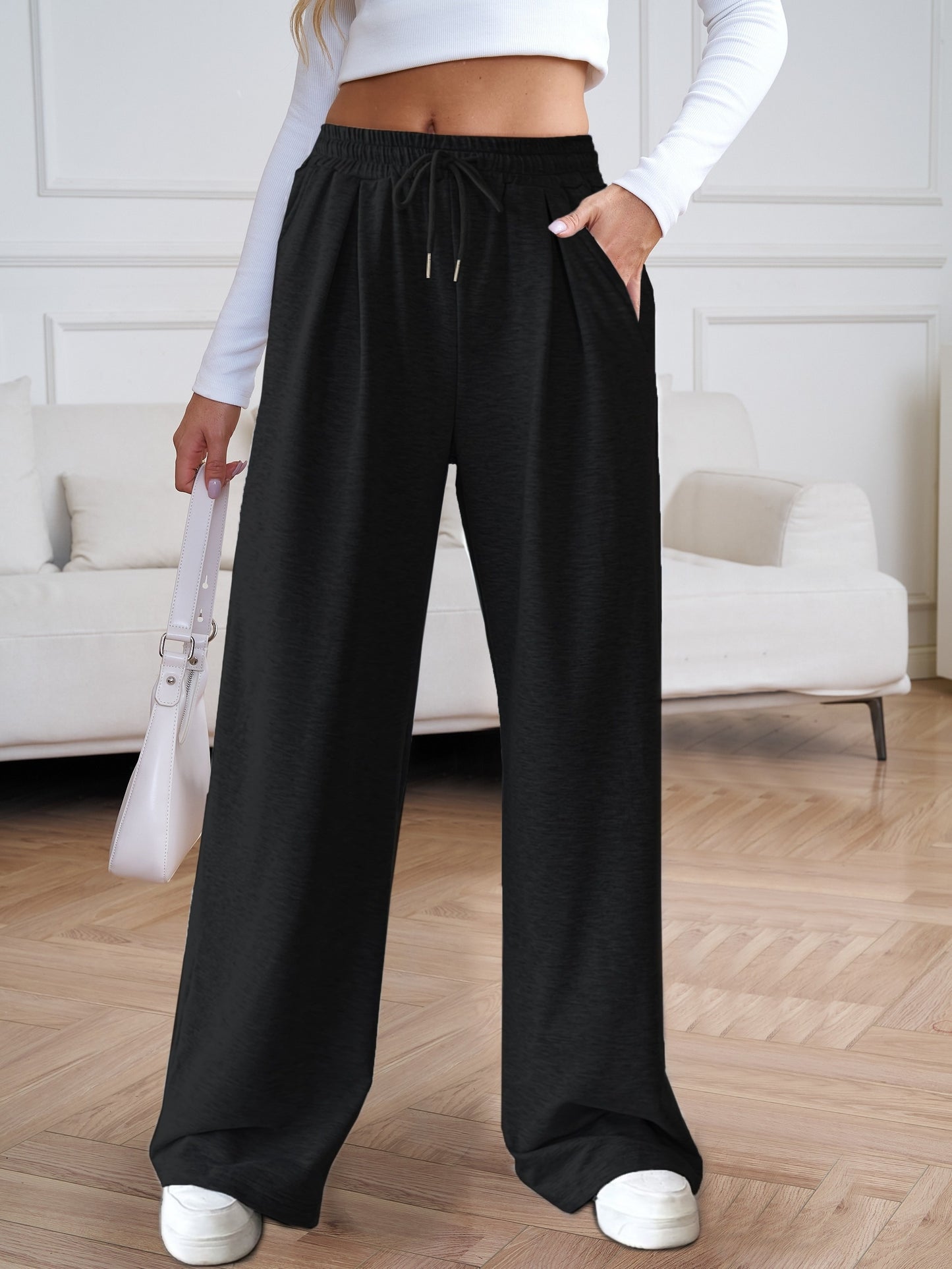 Solid Wide Leg Sweatpants, Casual Drawstring Waist Slant Pocket Pants, Women's Clothing