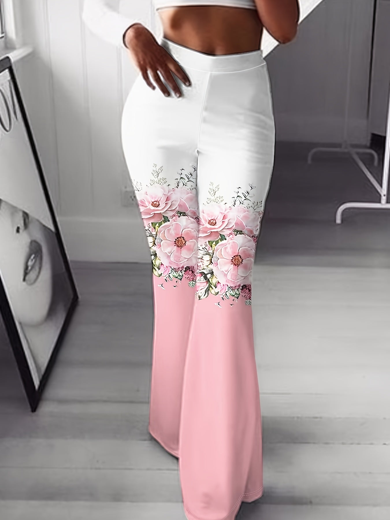 Floral Print Flare Leg Pants, Casual High Waist Long Length Pants, Women's Clothing