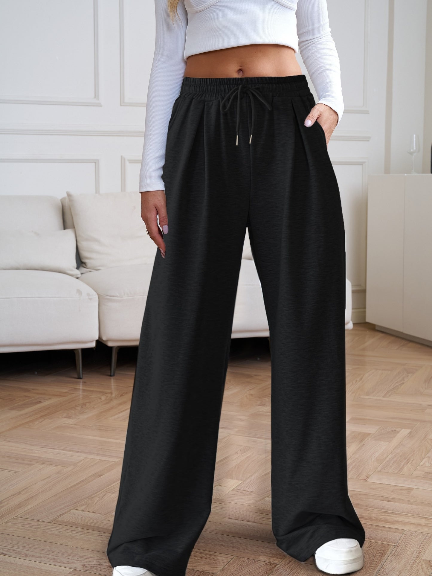 Solid Wide Leg Sweatpants, Casual Drawstring Waist Slant Pocket Pants, Women's Clothing